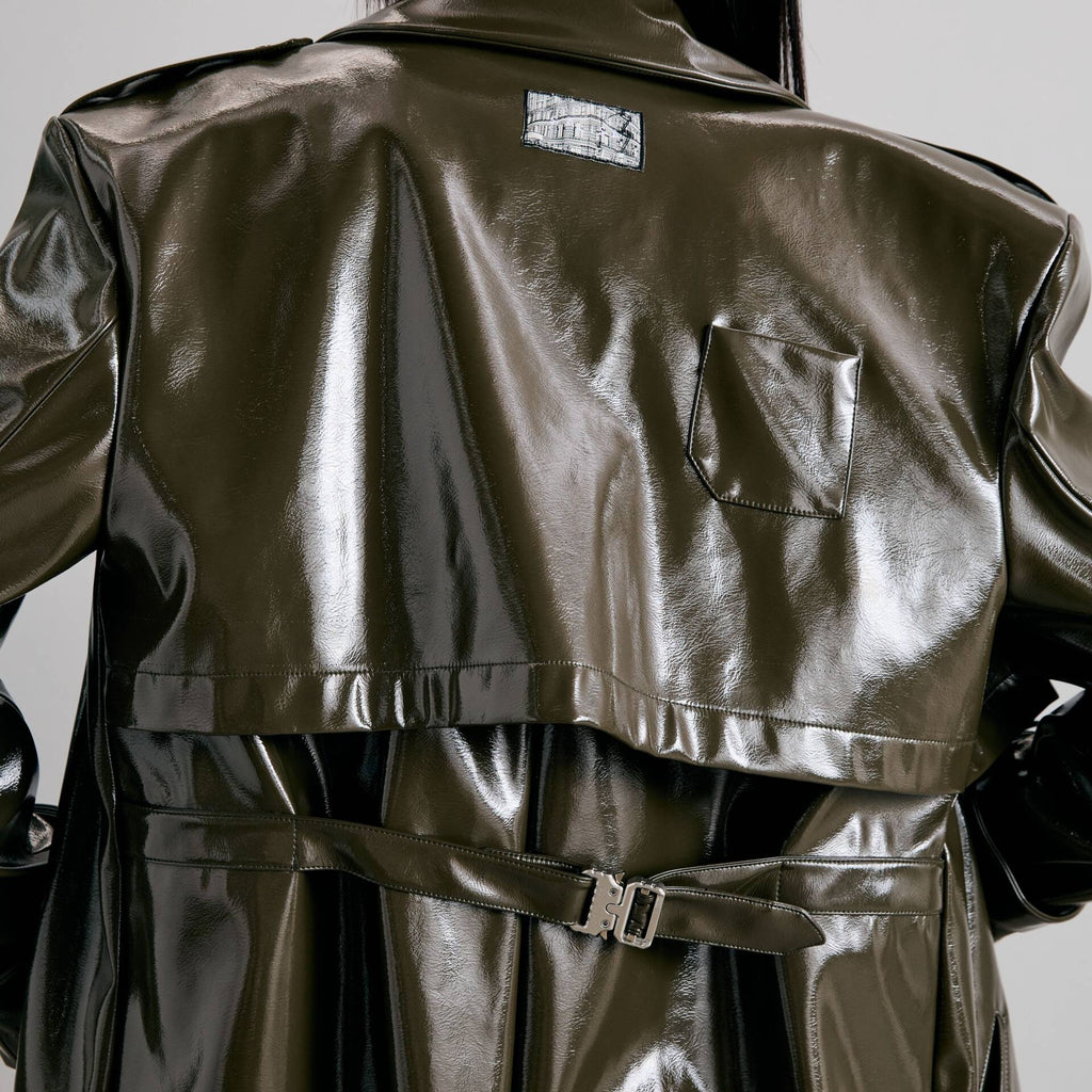 Oversized TRENCH COAT FW24 Dark Green Patent Vegan Leather