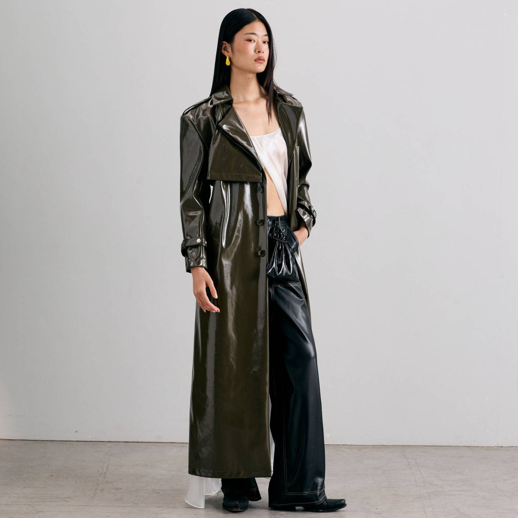 Oversized TRENCH COAT FW24 Dark Green Patent Vegan Leather
