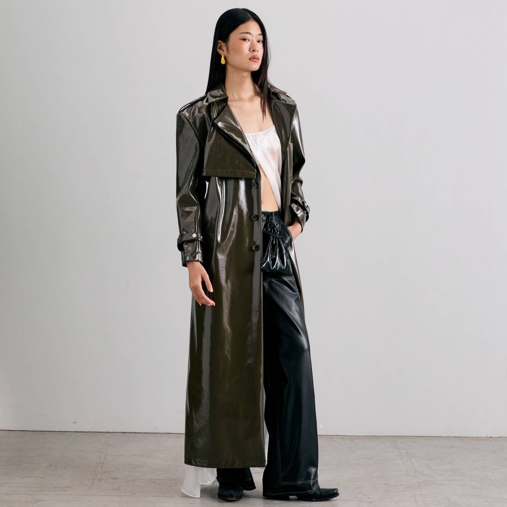 Oversized TRENCH COAT FW24 Dark Green Patent Vegan Leather