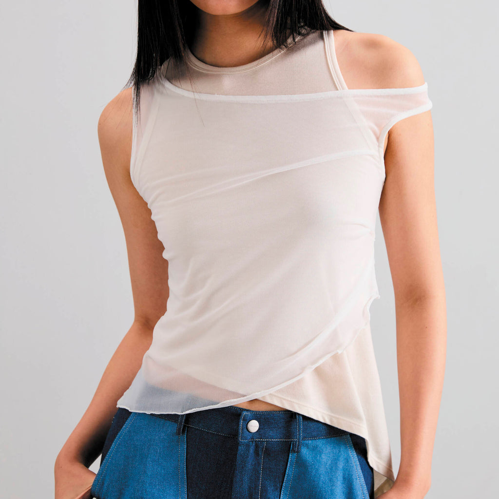 MESH DOUBLE TANK FW24 Jersey Top Nude/White
