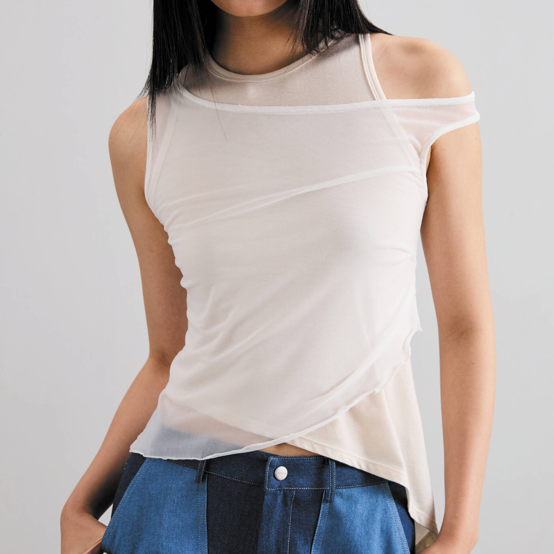 MESH DOUBLE TANK FW24 Jersey Top Nude/White