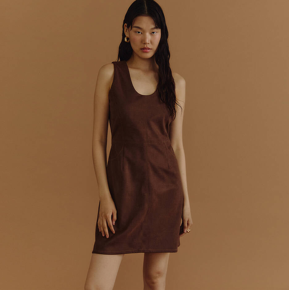 U-NECK DRESS PF25 Brown Vegan Suede