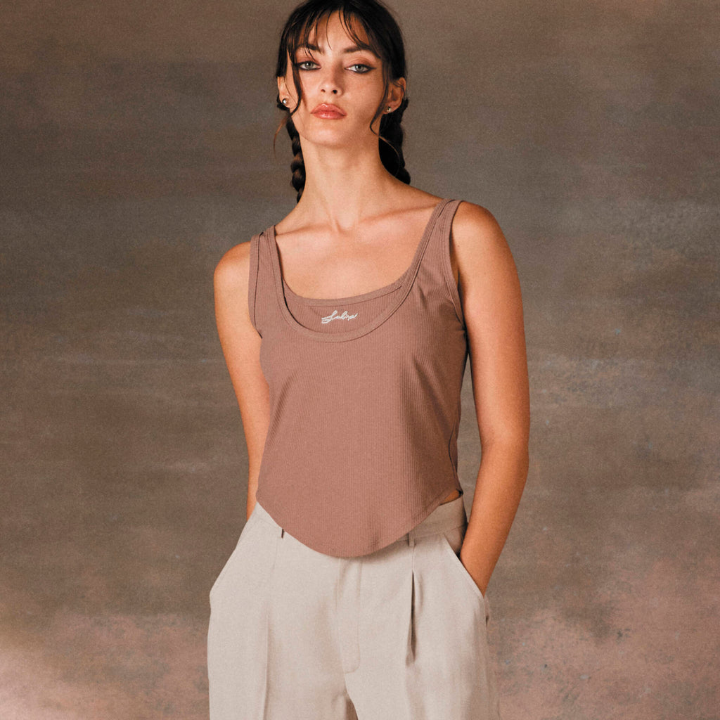 CORSET TANK PF24 Rib Cropped Taupe