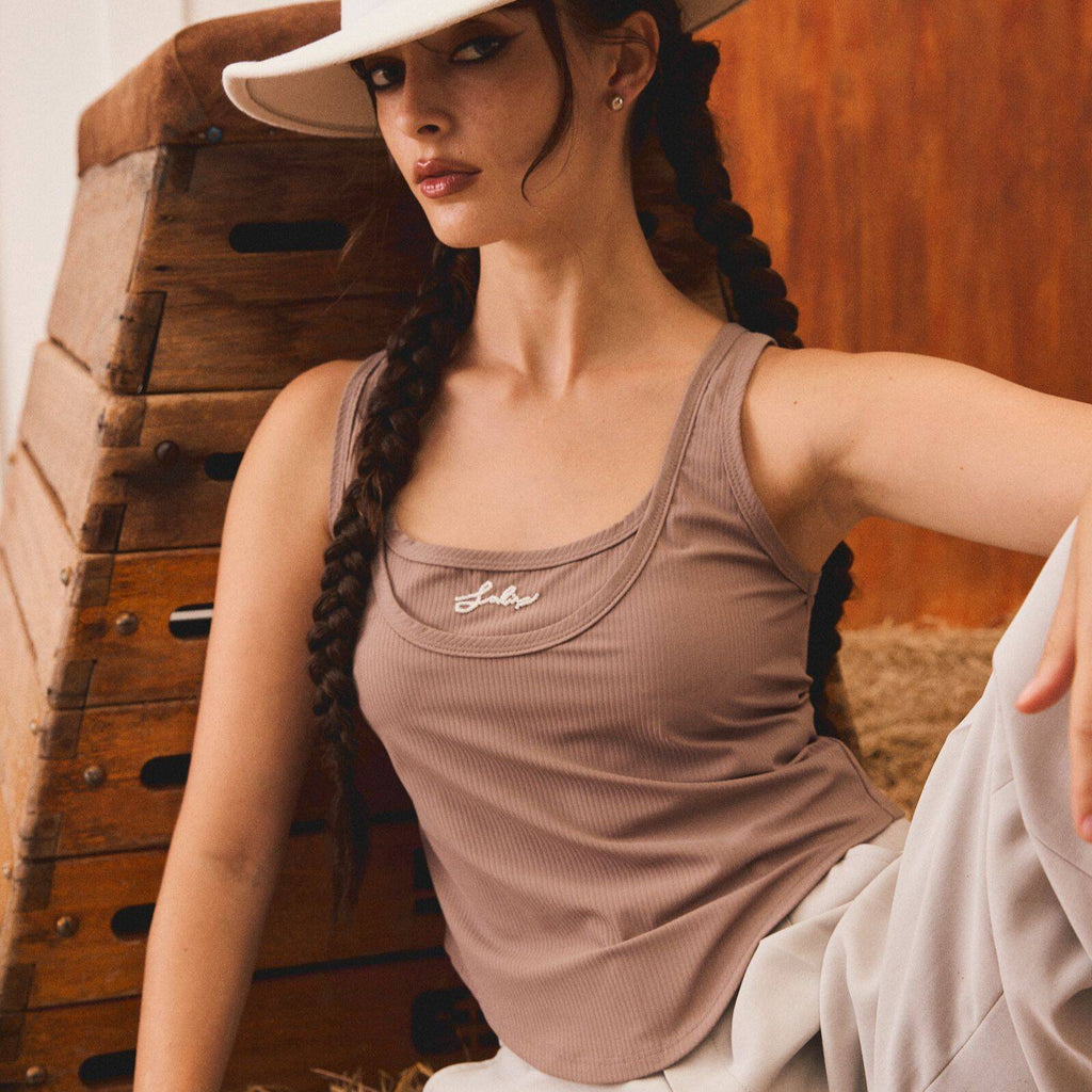 CORSET TANK PF24 Rib Cropped Taupe