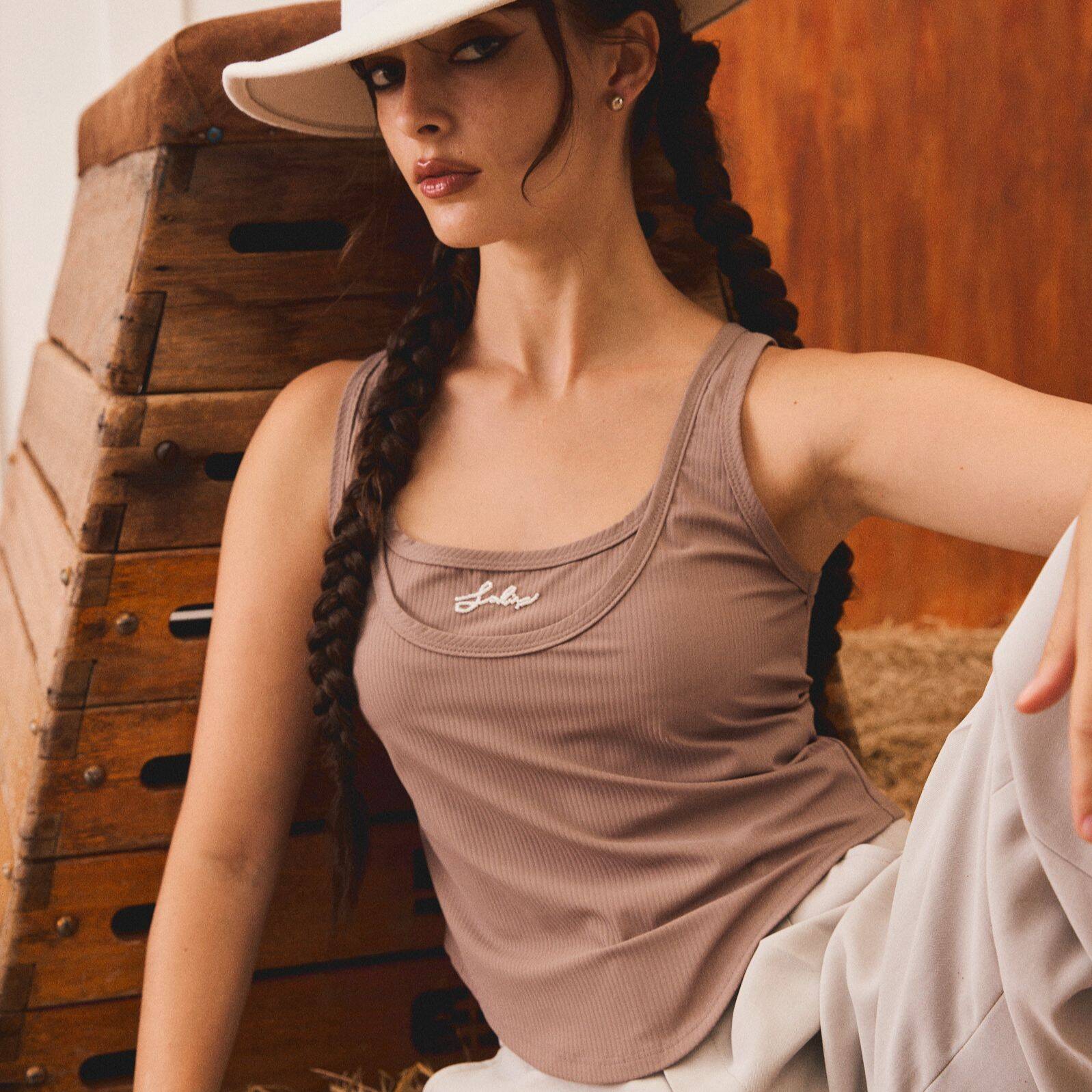 CORSET TANK PF24 Rib Cropped Taupe