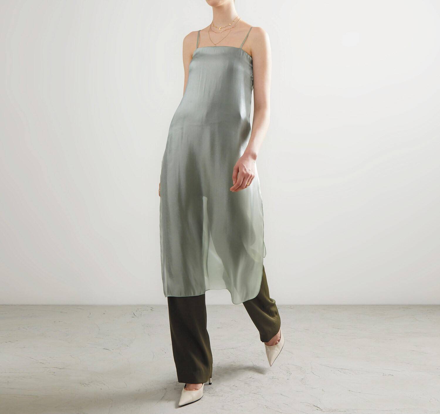 JUMPSUIT PF23 Long with See Through Shiny Overlay Teal/Dark Green