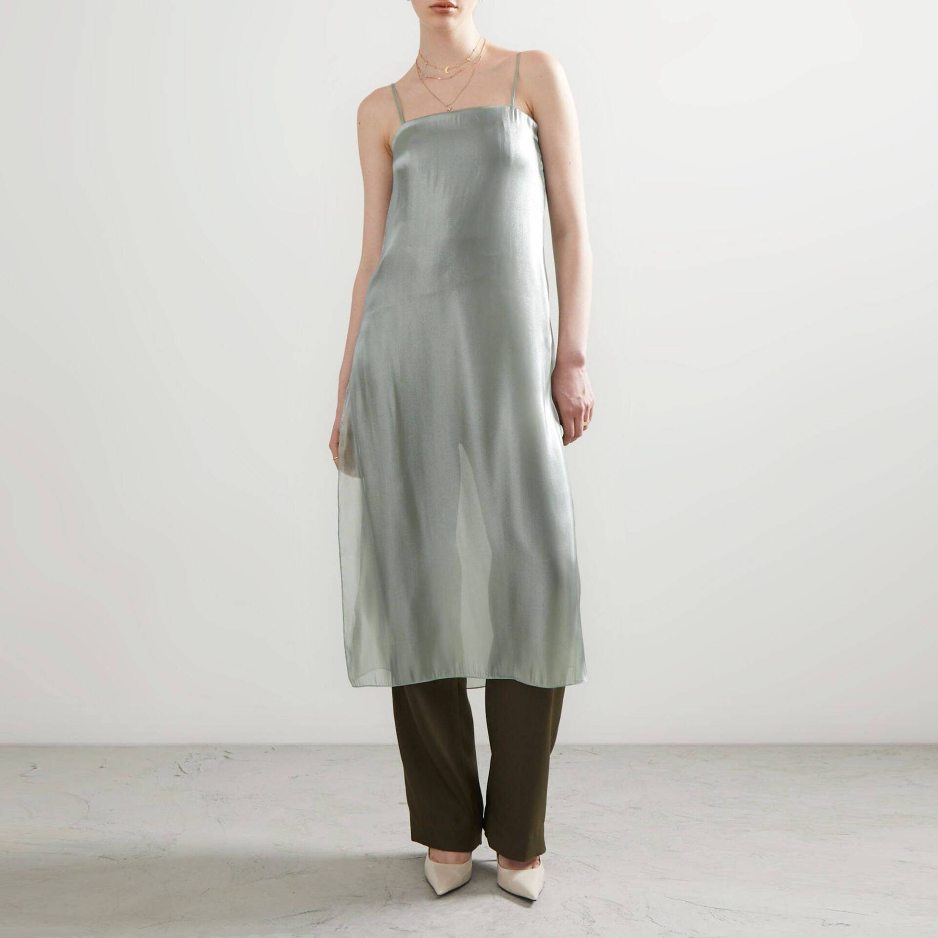 JUMPSUIT PF23 Long with See Through Shiny Overlay Teal/Dark Green