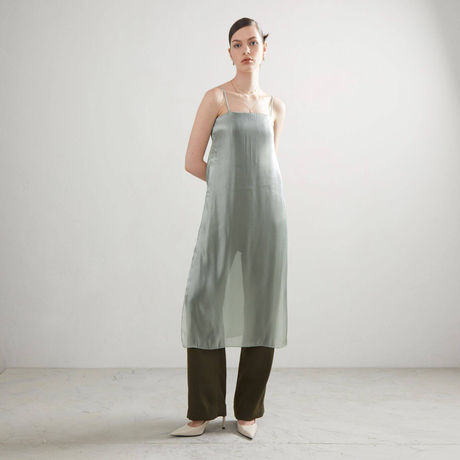 JUMPSUIT PF23 Long with See Through Shiny Overlay Teal/Dark Green
