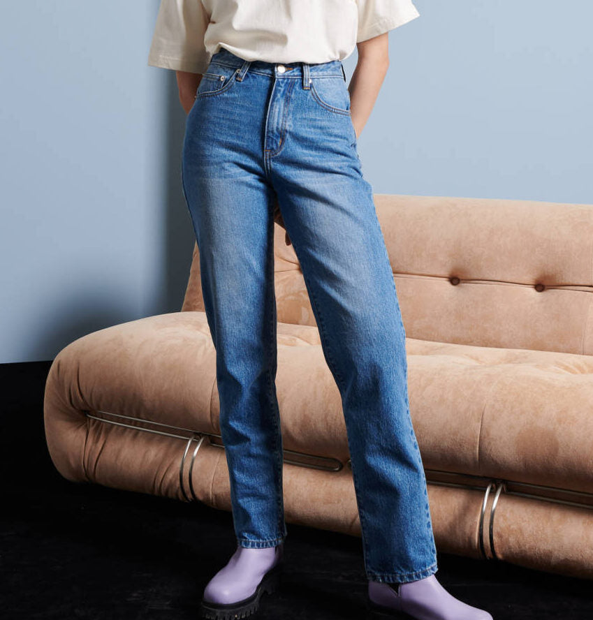 Jeans Straight High Waist Cropped Mid Blue