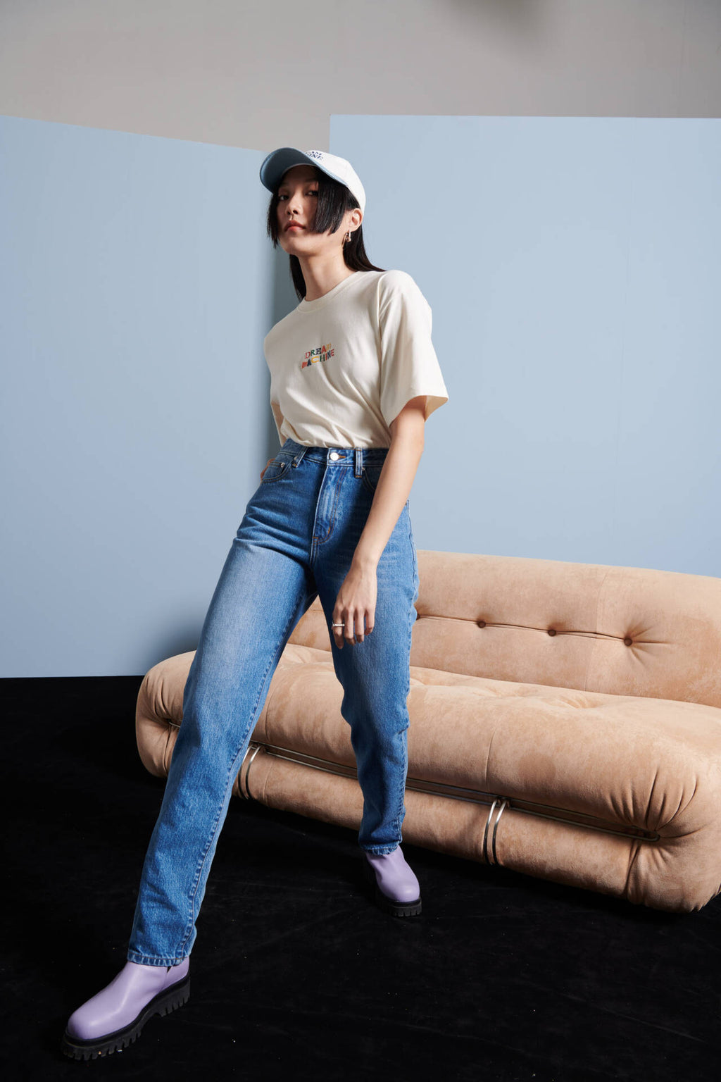 Jeans Straight High Waist Cropped Mid Blue