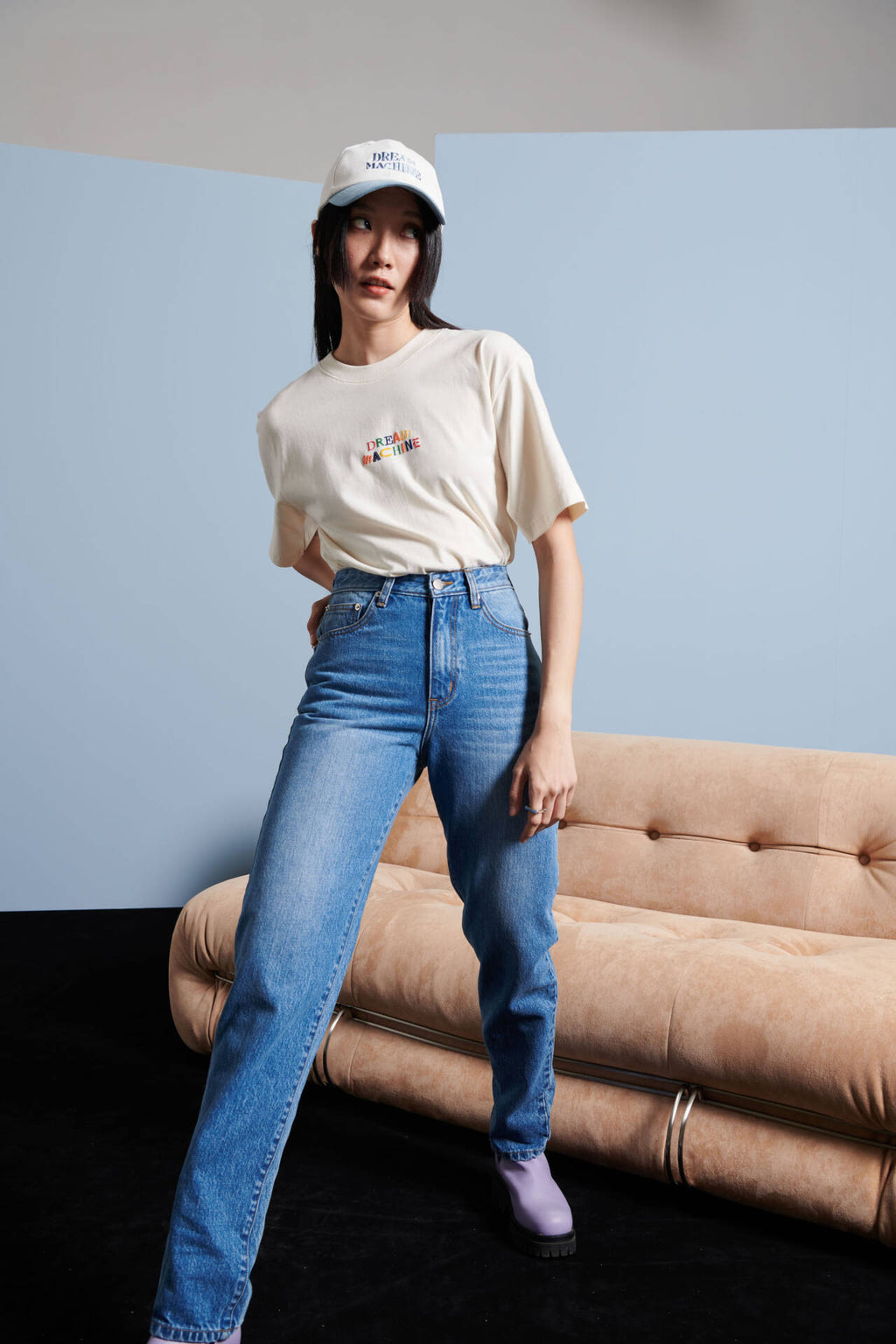 Jeans Straight High Waist Cropped Mid Blue