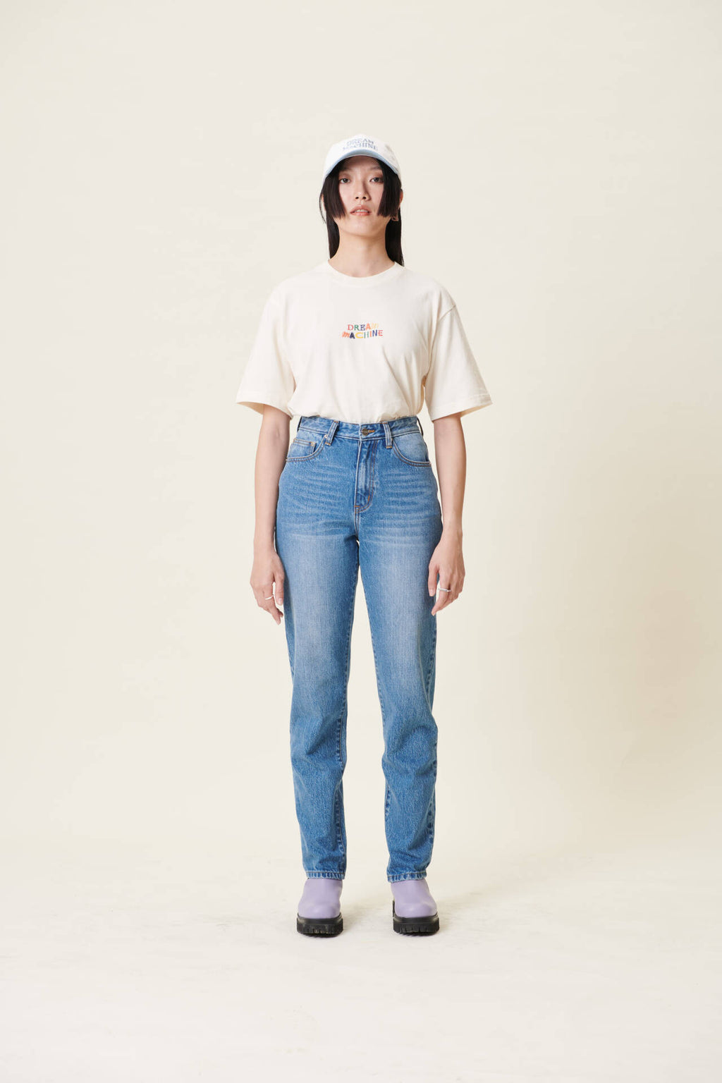 Jeans Straight High Waist Cropped Mid Blue