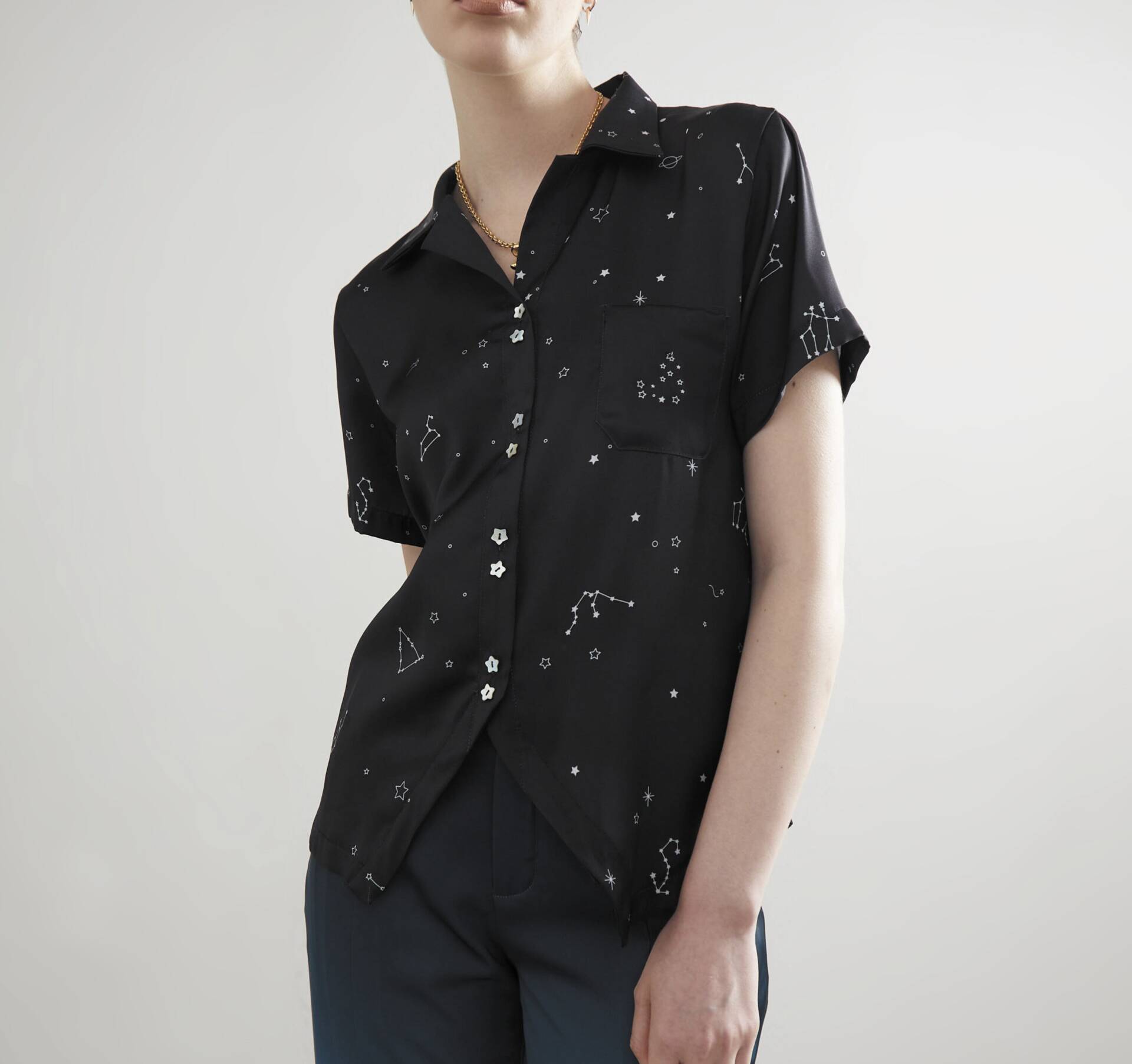 Silk SHIRT PF23 Zodiac Black Print with Back Cut-Out