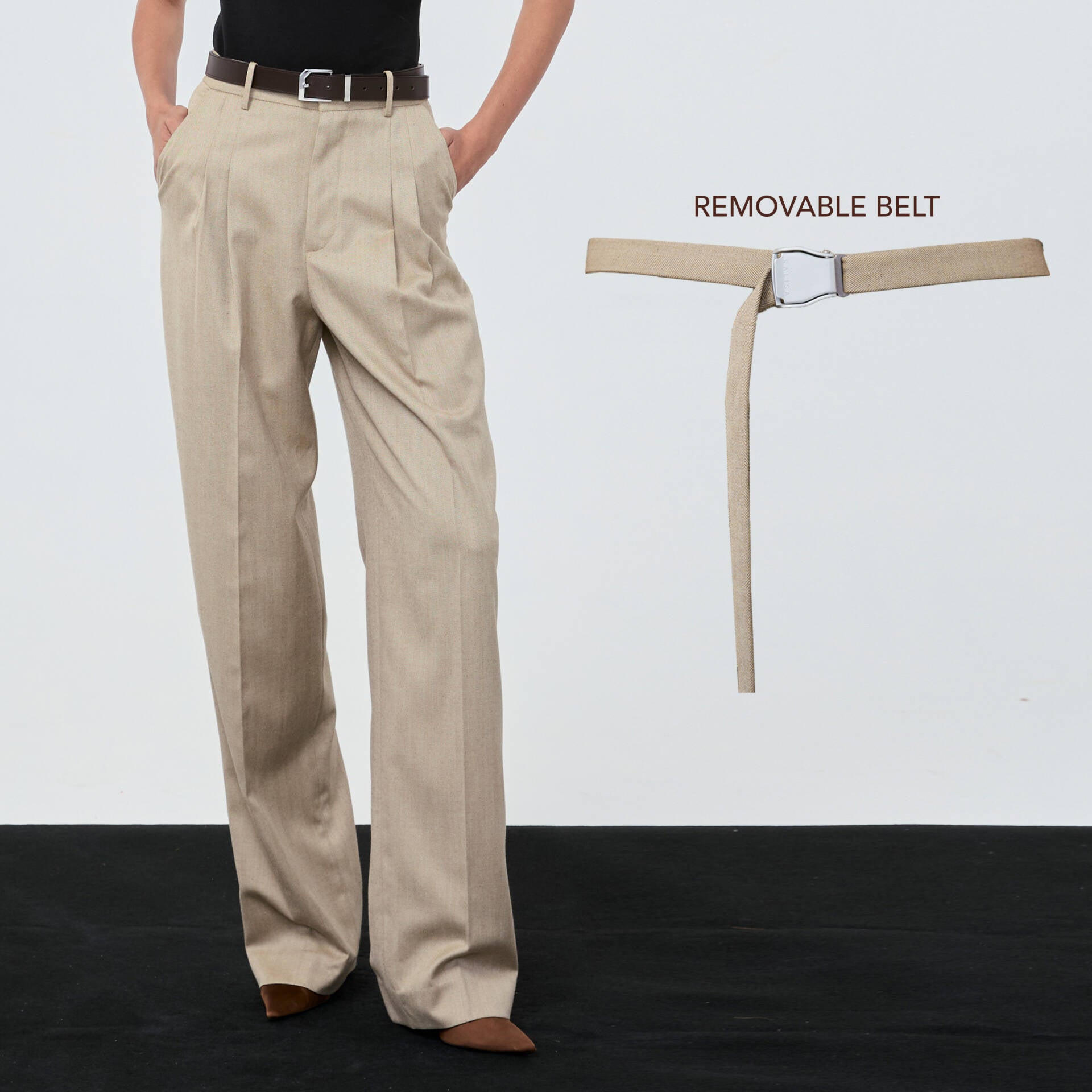 PANTS PLEATED FW25 Herringbone Beige Mid-Rise