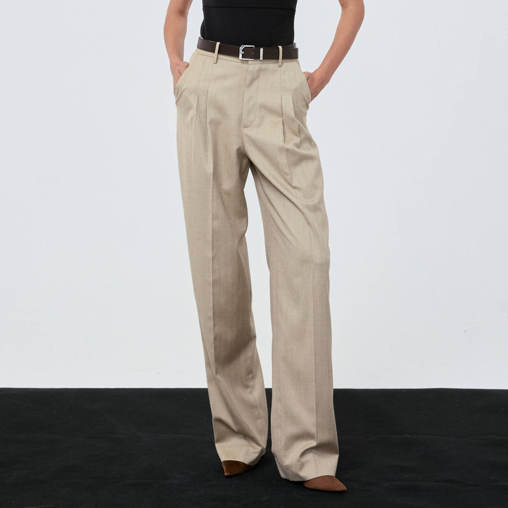 PANTS PLEATED FW25 Herringbone Beige Mid-Rise