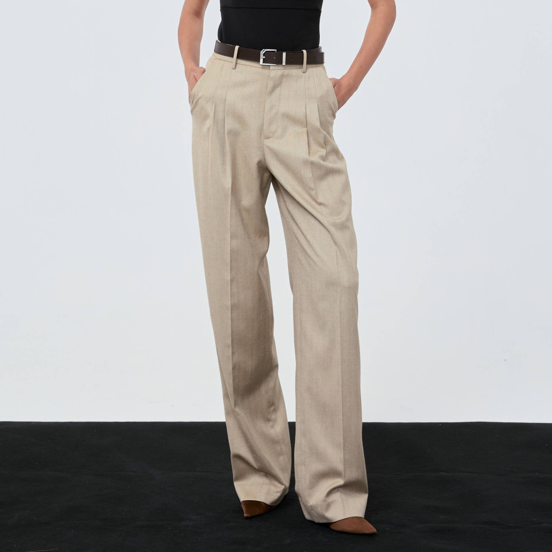 PANTS PLEATED FW25 Herringbone Beige Mid-Rise