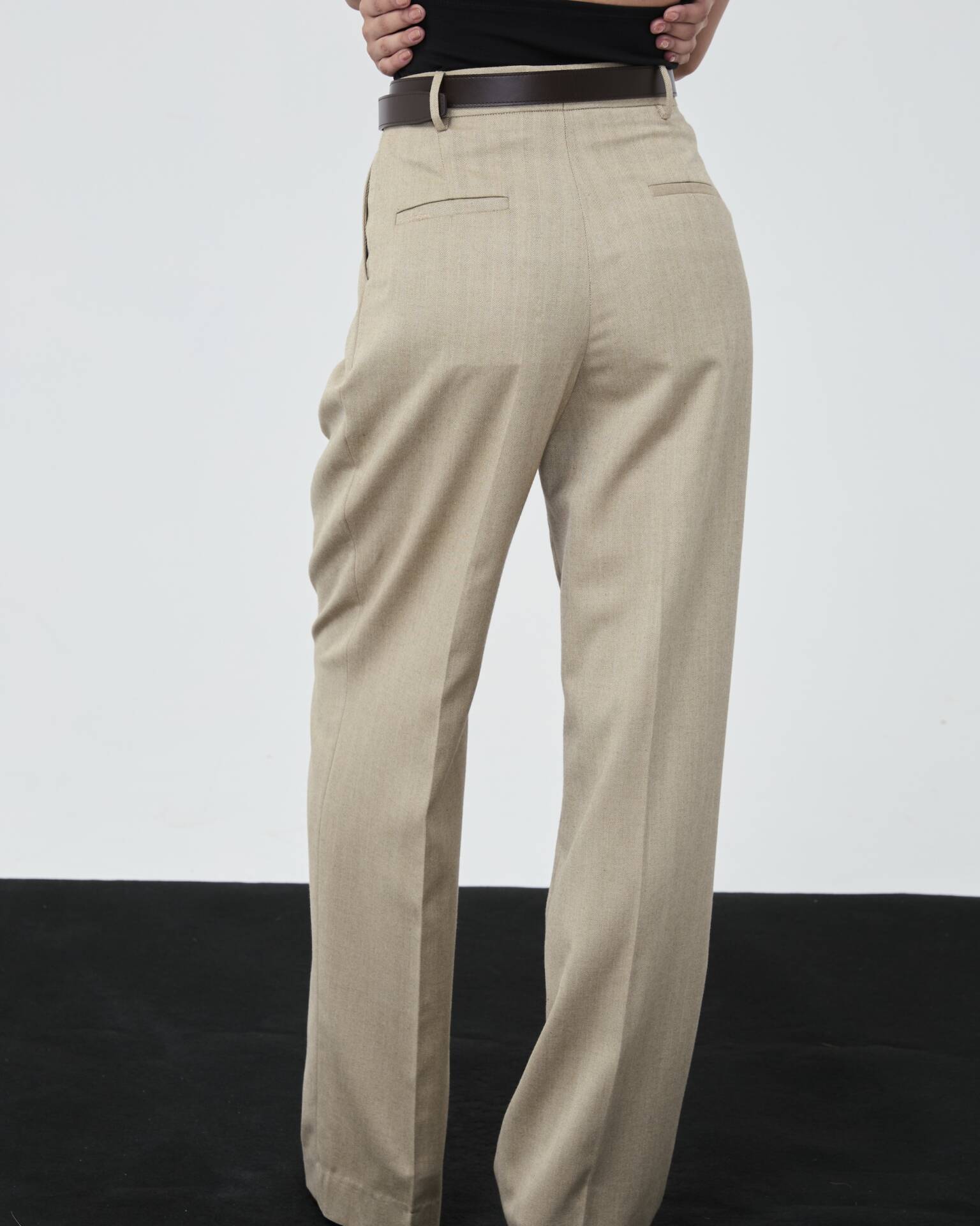 PANTS PLEATED FW25 Herringbone Beige Mid-Rise