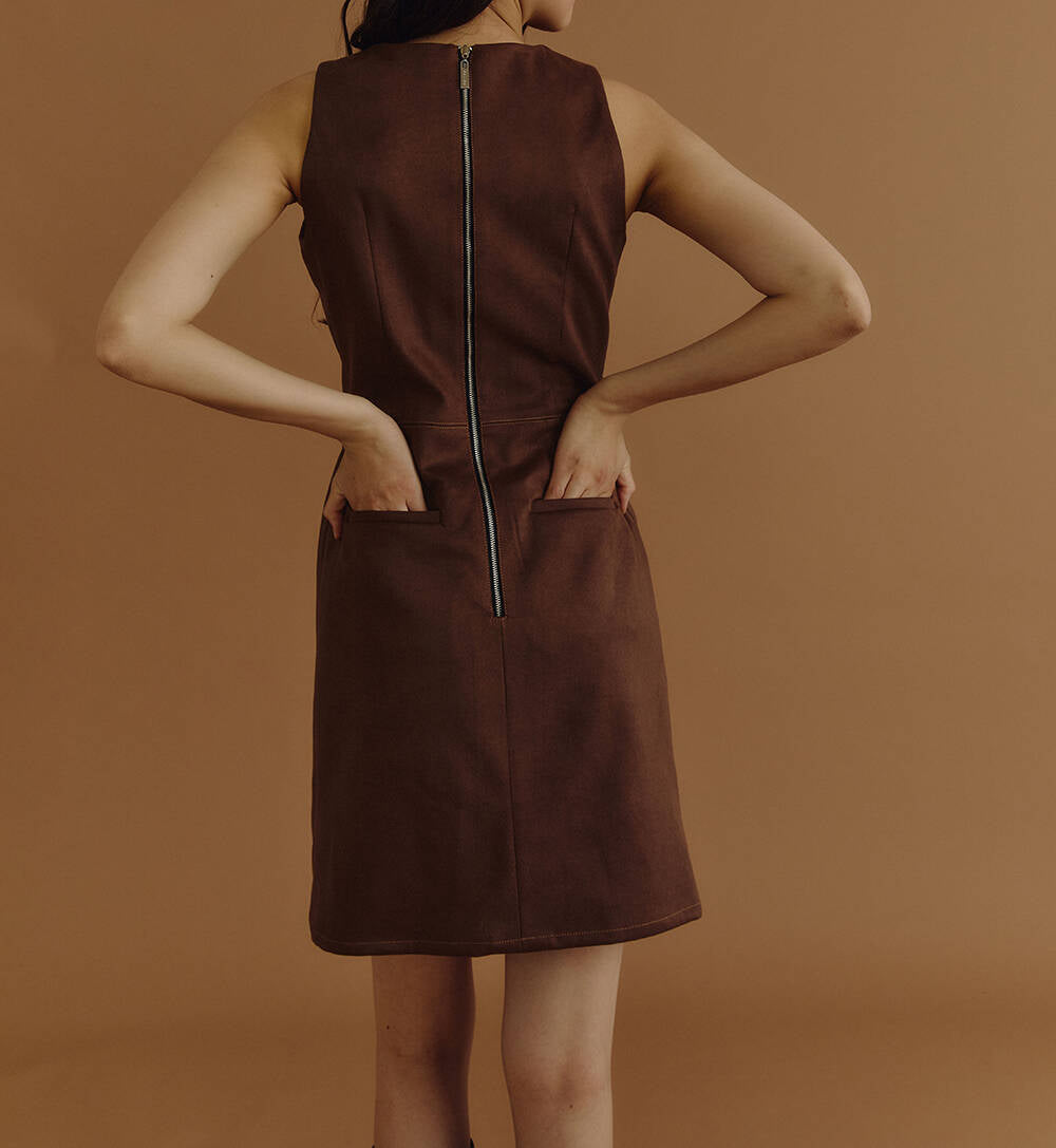 U-NECK DRESS PF25 Brown Vegan Suede