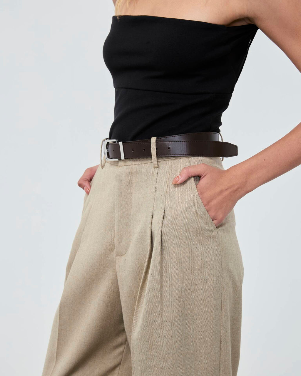 PANTS PLEATED FW25 Herringbone Beige Mid-Rise
