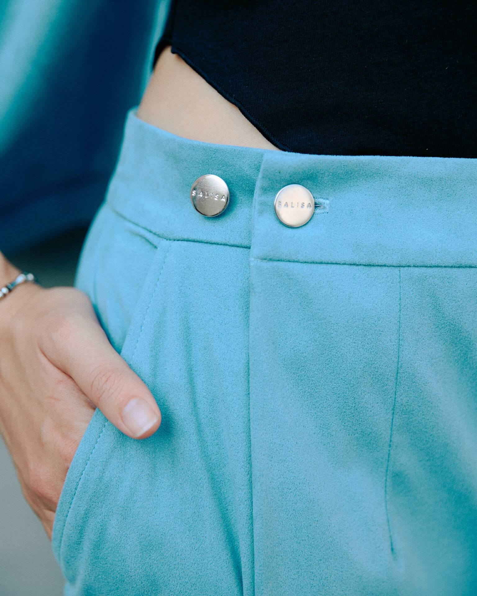 PANTS SS25 BUTTON Pleated Mist Blue VeganSuede (Adjustable Waist)
