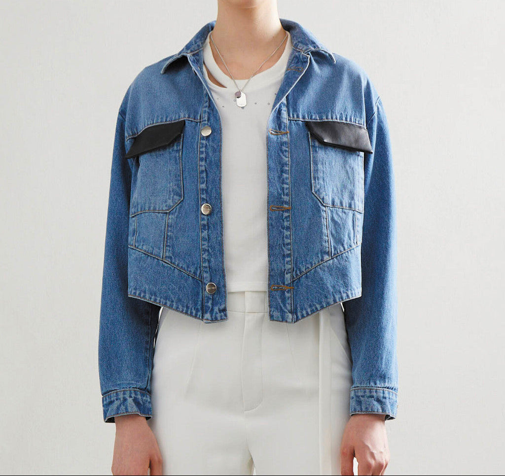 DENIM JACKET Cropped Blue with Black Vegan Leather Pocket Flap