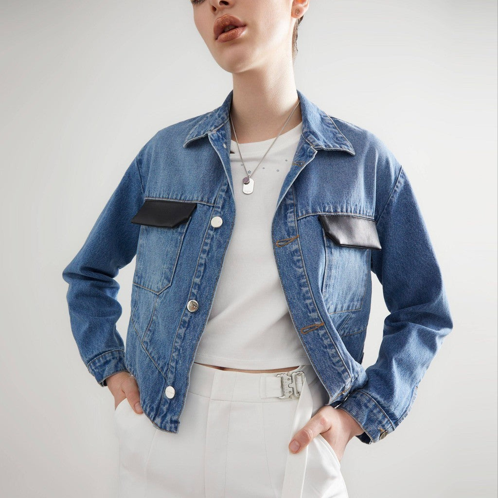 DENIM JACKET Cropped Blue with Black Vegan Leather Pocket Flap