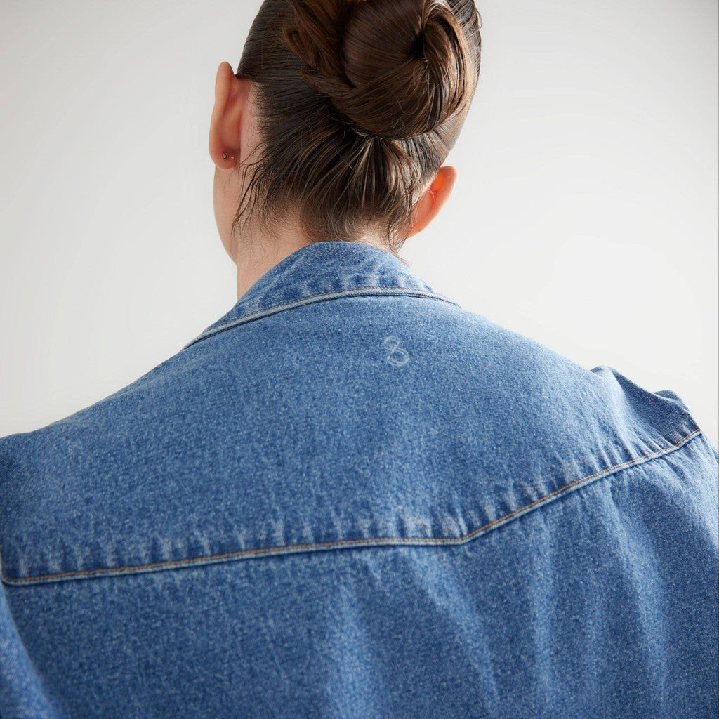 DENIM JACKET Cropped Blue with Black Vegan Leather Pocket Flap