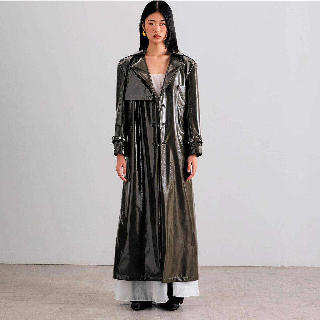 Oversized TRENCH COAT FW24 Dark Green Patent Vegan Leather