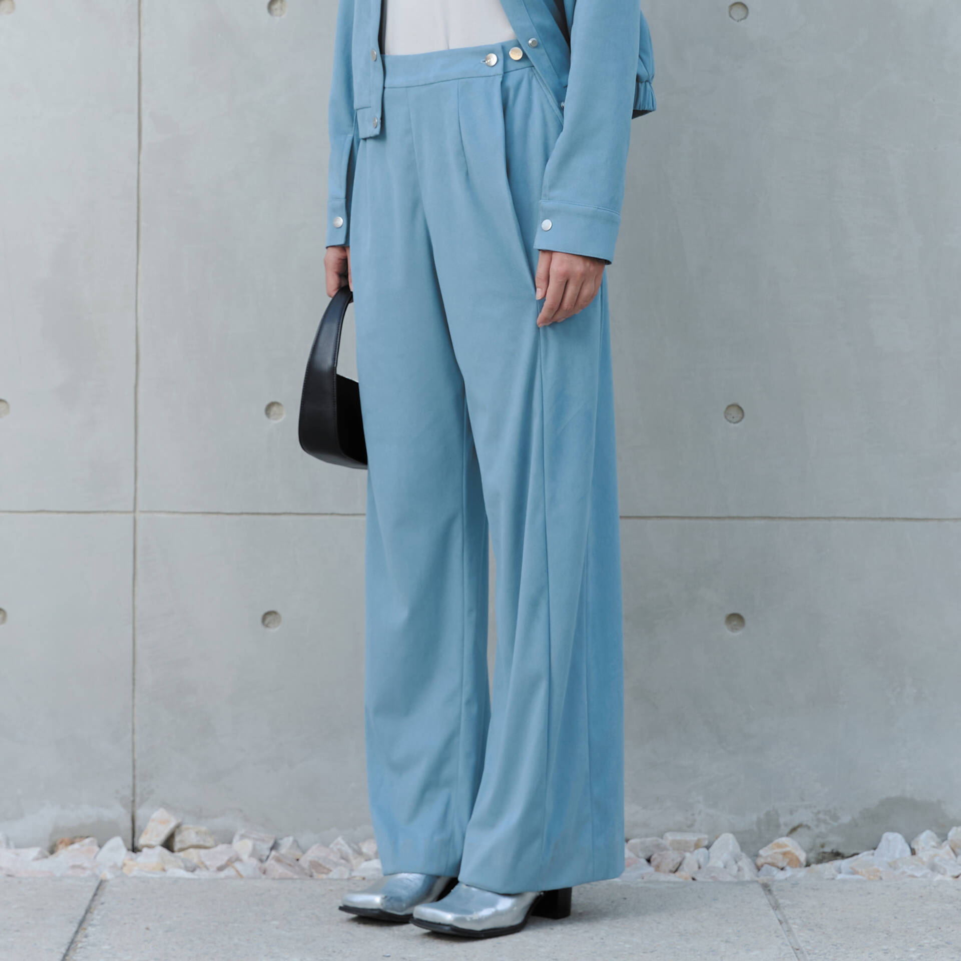 PANTS SS25 BUTTON Pleated Mist Blue VeganSuede (Adjustable Waist)