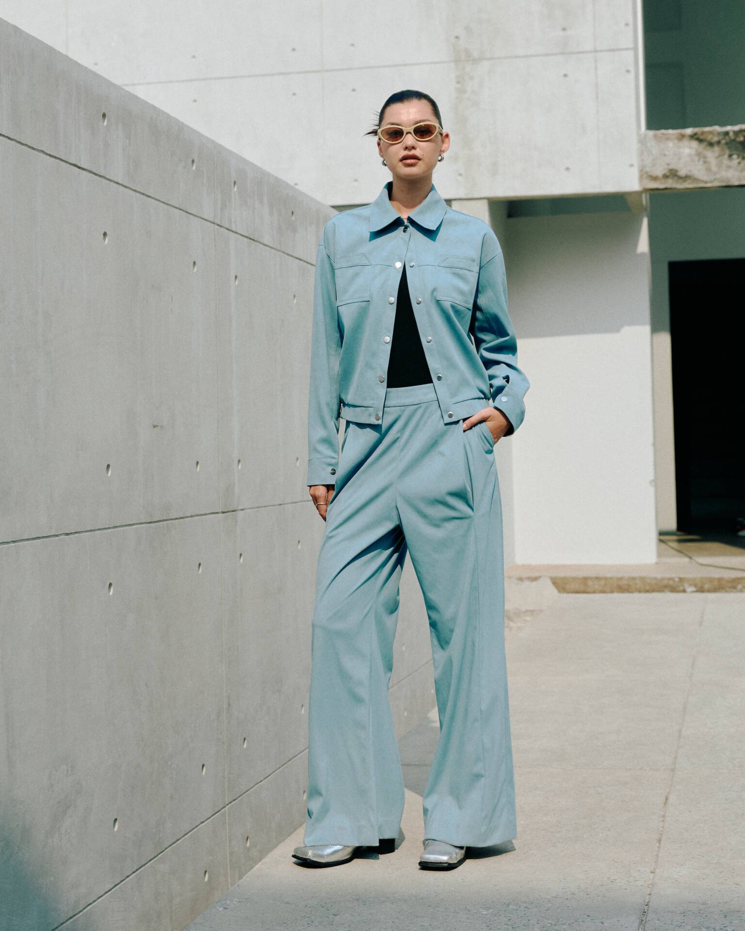 PANTS SS25 BUTTON Pleated Mist Blue VeganSuede (Adjustable Waist)