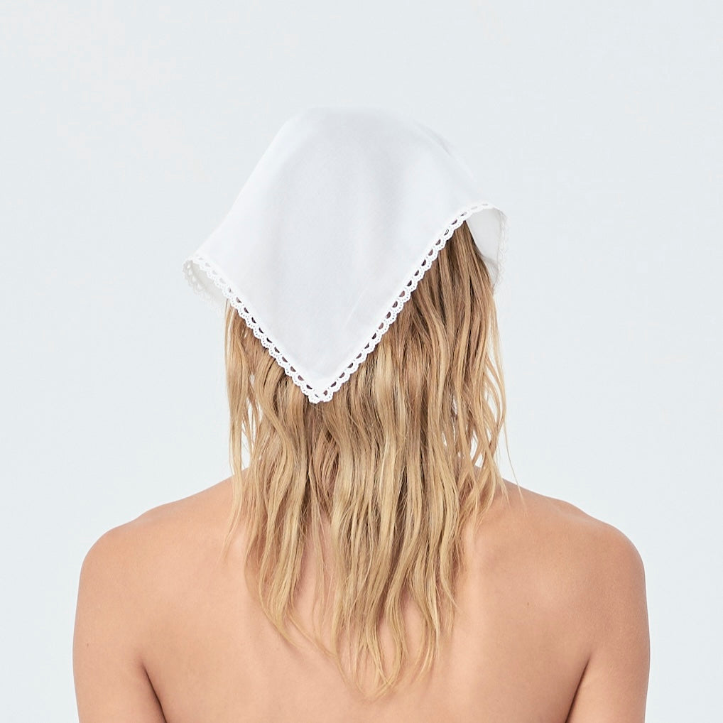 HAIR SCARF BANDANA Sheer White Lace Trim