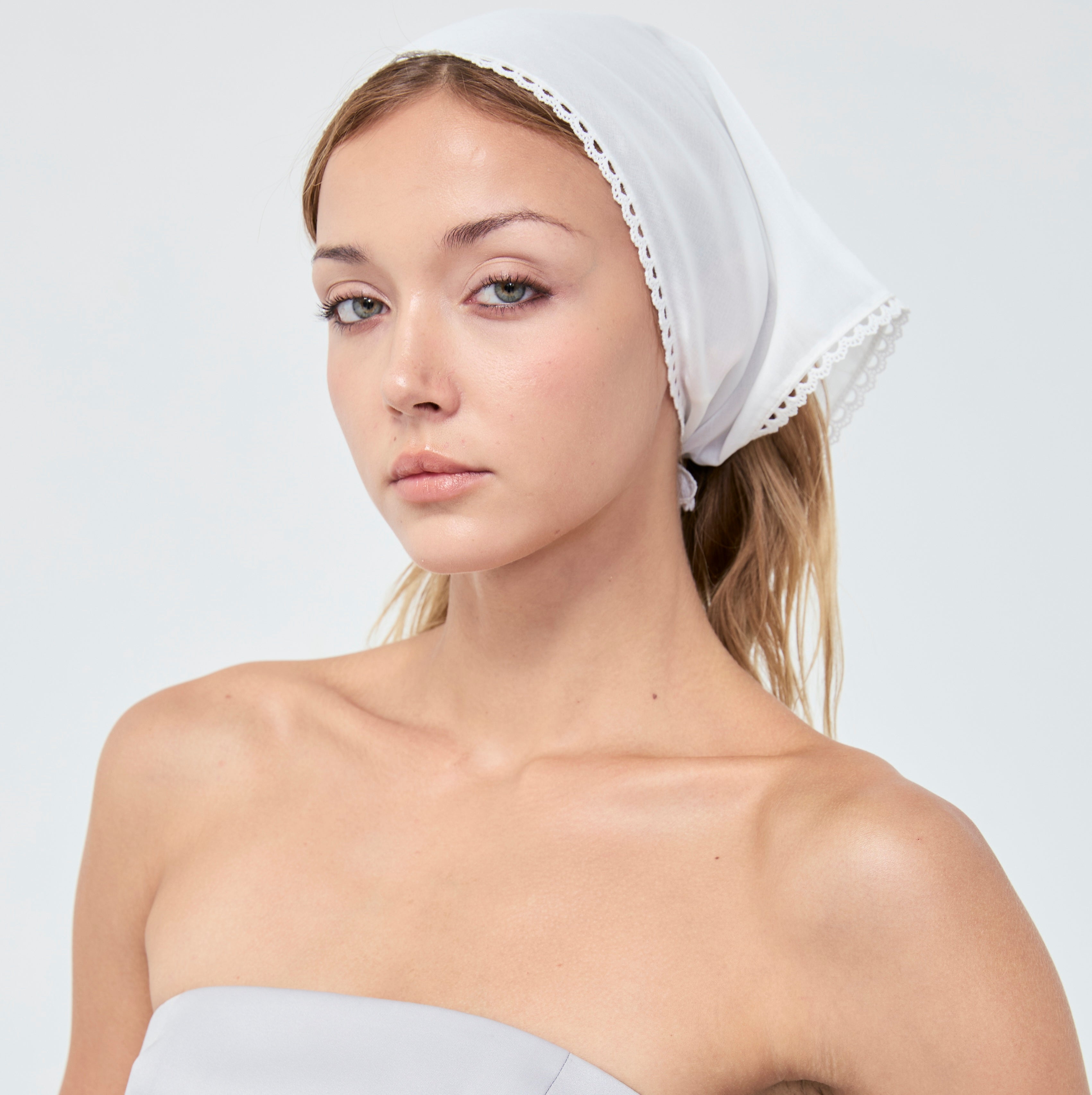 HAIR SCARF BANDANA Sheer White Lace Trim