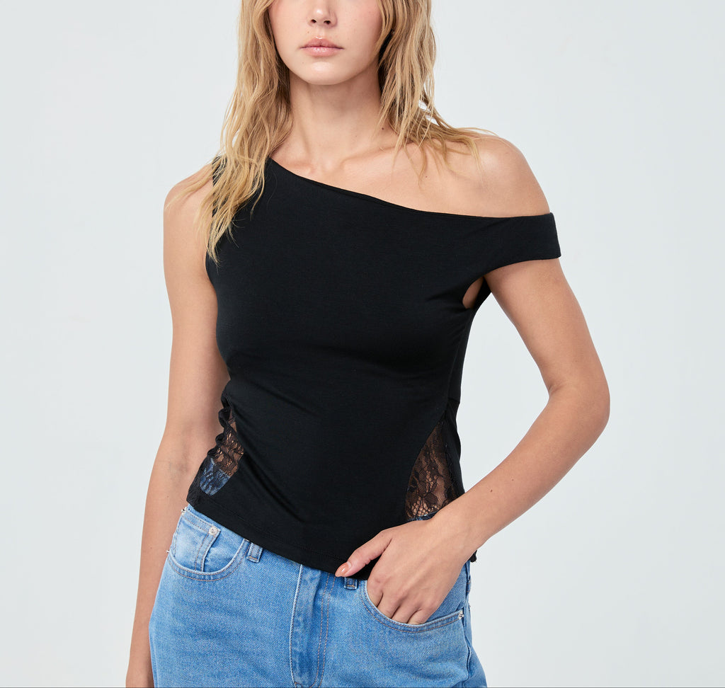ONE-SHOULDER JERSEY LACE FW25 Black