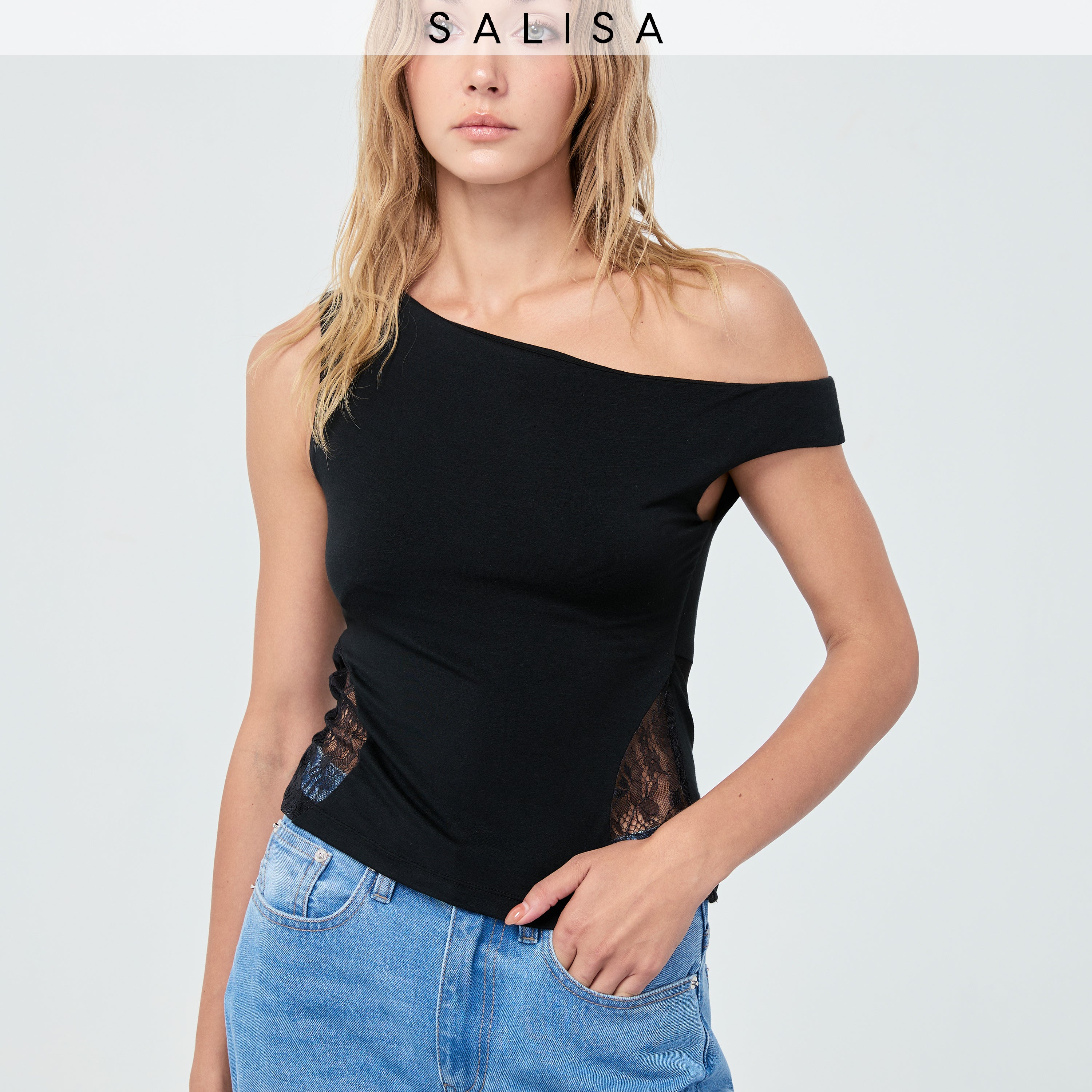 ONE-SHOULDER JERSEY LACE FW25 Black