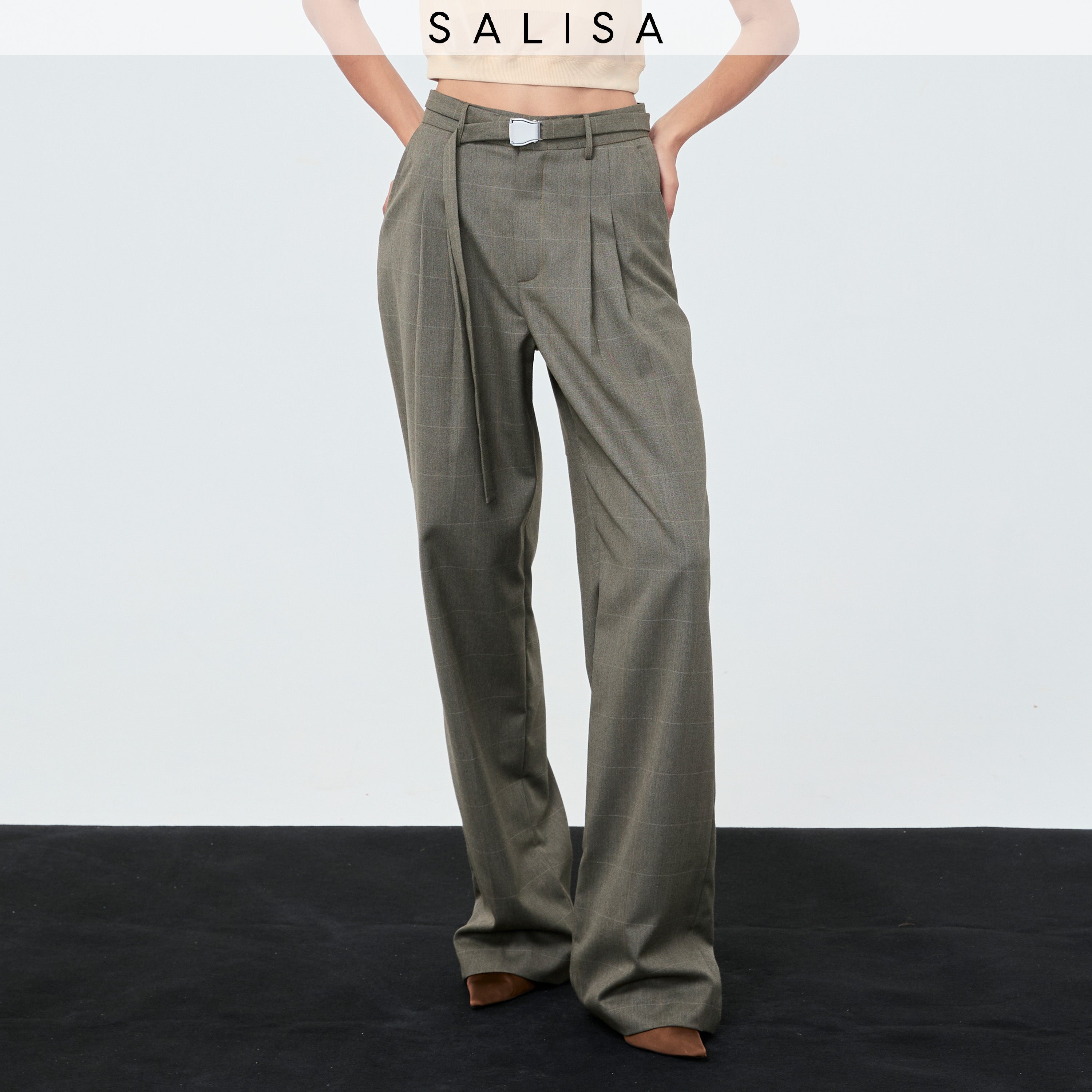 PANTS PLEATED FW25 Herringbone Beige Mid-Rise